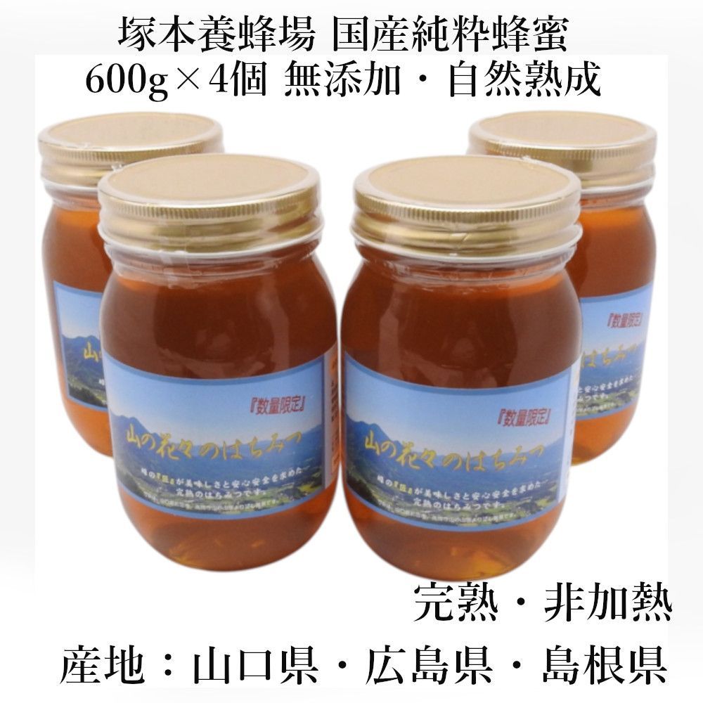 【完熟・非加熱】塚本養蜂場 国産純粋蜂蜜 600g×4個 無添加・自然熟成【賞味期限2029年4】つかもと はちみつ 完熟 生 国産 純粋蜂蜜 無添加 非加熱 600g 4個