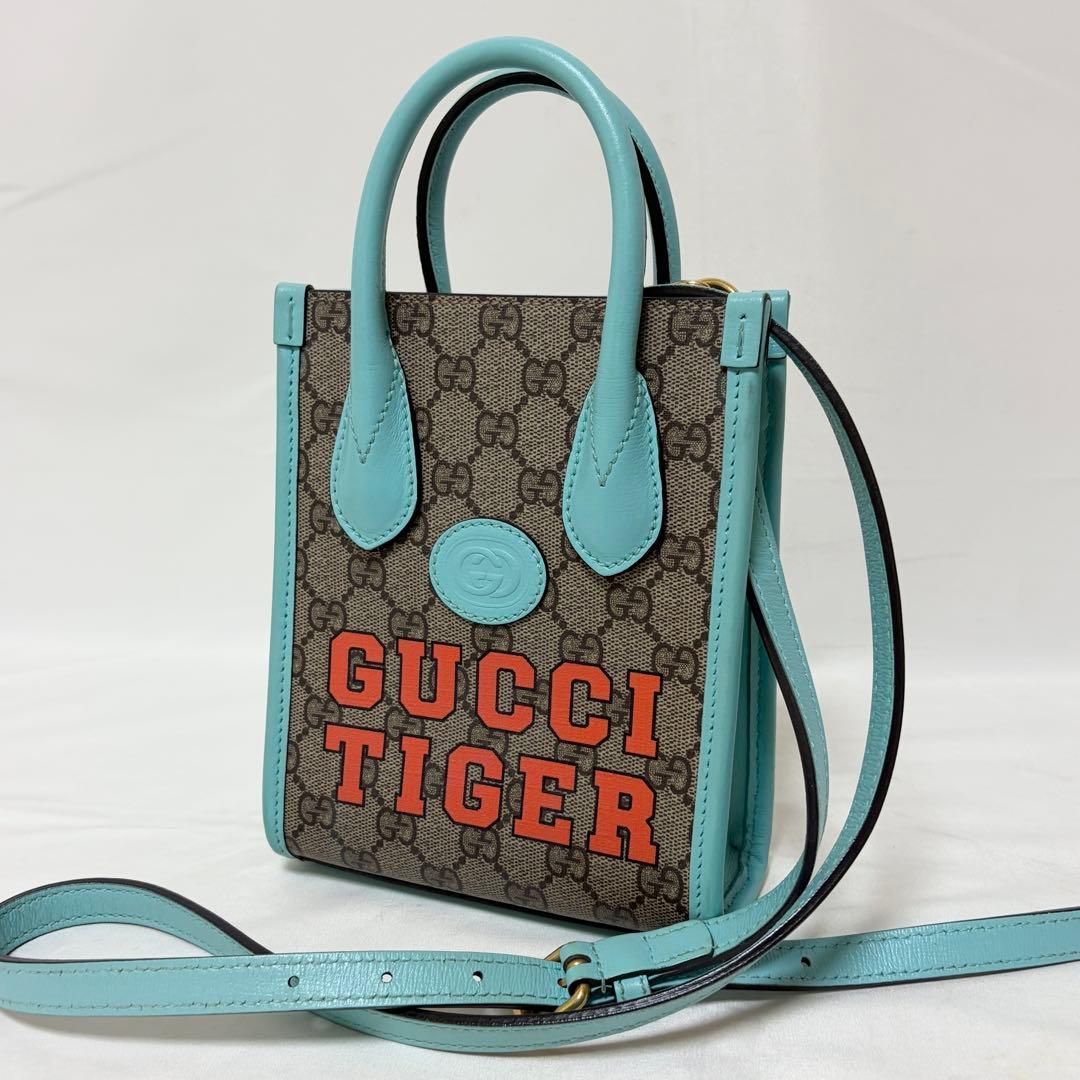 GUCCI 2WAY ショルダーバッグ ハンドバッグ GGスプリーム タイガー ベージュ ライトブルー 671623