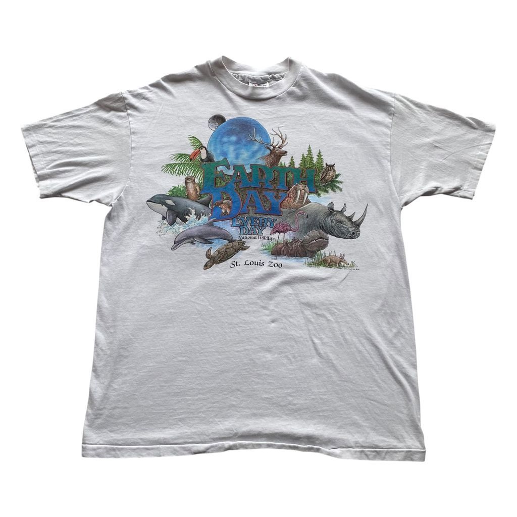 90s Hanes Made in USA アメリカ製 Earth Day アニマル プリント Tシャツ 白 XL No.S236