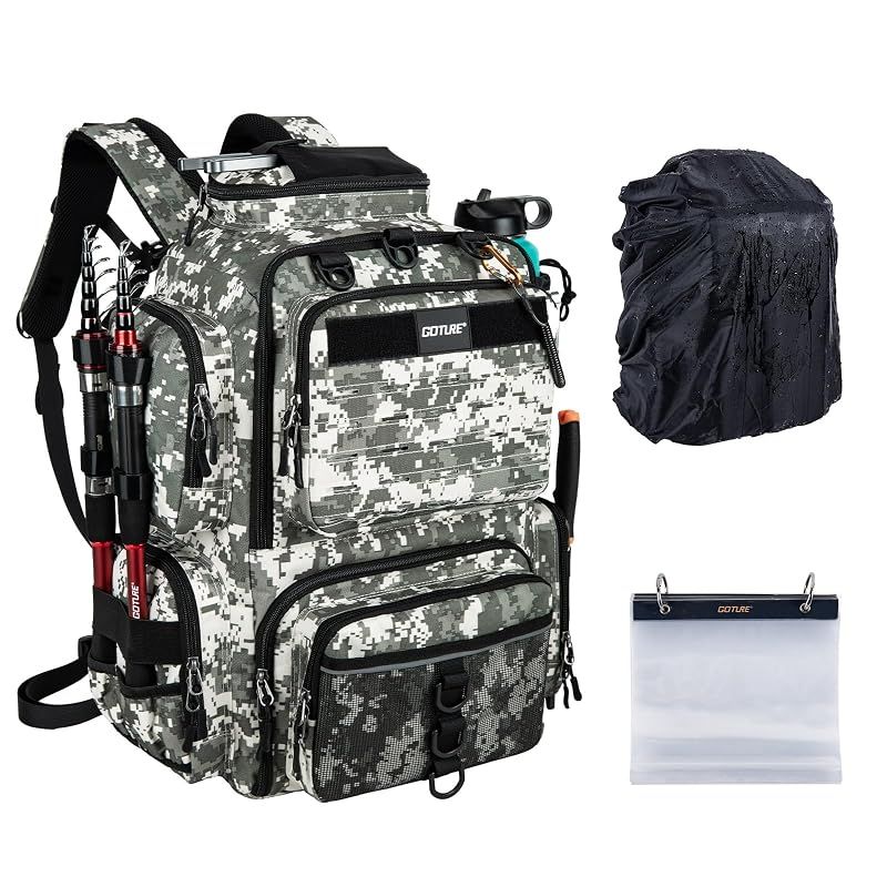 【新品】 [Goture] 900D フィッシングバッグ 釣り リュック カモフラージュ A 大容量 タックルバッグ 高密度撥水オックスフォード生地 疲れにくいパッド ソフトルアー袋収納可能 ロッドホルダー 釣竿収納 レインカバー付属 アウトドア 渓流 海 1