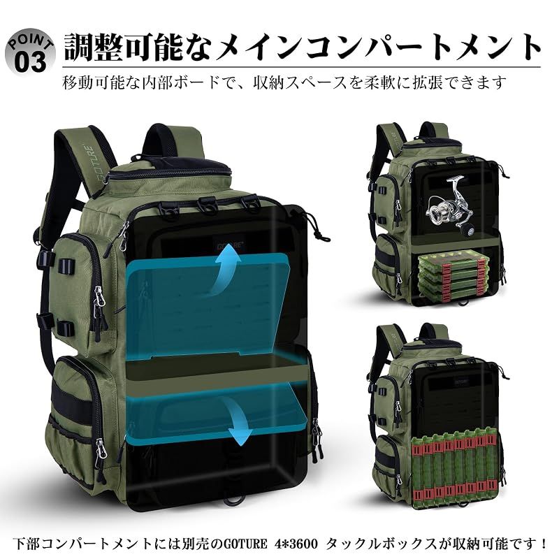 新品 Goture 600D フィッシングバッグ 釣り リュック ミリタリーグリーン 大容量 タックルバッグ 高密度撥水オックスフォード生地 疲れにくいパッド ソフトルアー袋収納可能 ロッドホルダー 釣竿収納 レインカバー付属 アウトドア 渓流 海 0 - メルカリ