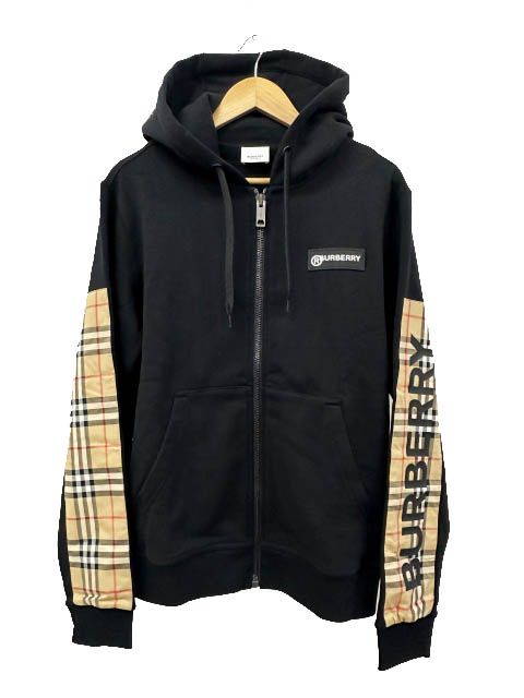 バーバリー BURBERRY 20AW LOGOPRINT VINTAGE CHECKPANEL ロゴ ラバー パネル プリント ヴィンテージ チェック ジップ アップ パーカー 8025684 XS 黒ブラック ☆AA★■260620