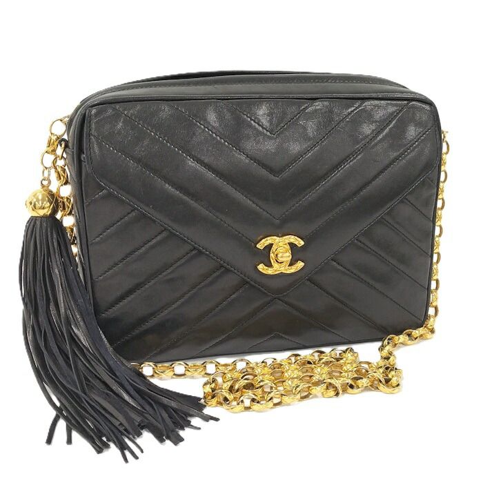 CHANEL チェーンショルダーバッグ Vステッチ シェブロン フリンジ