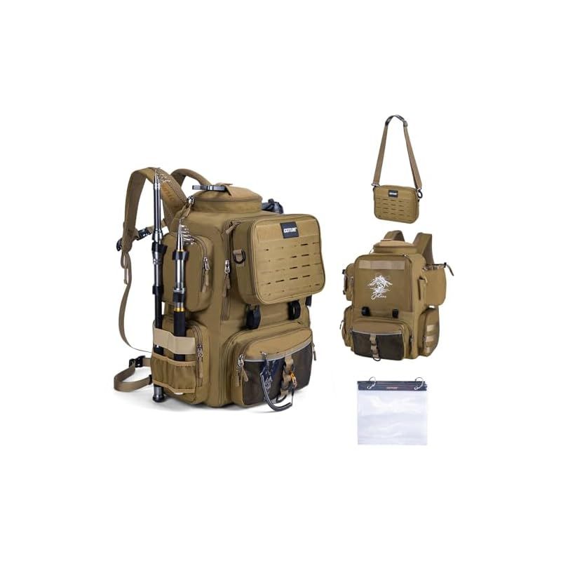 【新品】 [Goture] フィッシングリュック 釣りバッグ 58L大容量 900Dオックスフォード 撥水加工 保冷機能 着脱可能なショルダーバッグ 透明収納袋付き 拡張性 タックル収納 多機能 釣り 登山 旅行 アウトドア カーキ 1