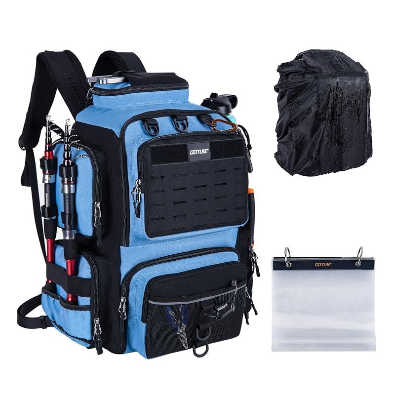 【新品】 [Goture] 600D フィッシングバッグ 釣り リュック ブルー & ブラック 大容量 タックルバッグ 高密度撥水オックスフォード生地 疲れにくいパッド ソフトルアー袋収納可能 ロッドホルダー 釣竿収納 レインカバー付属 アウトドア 渓流 1