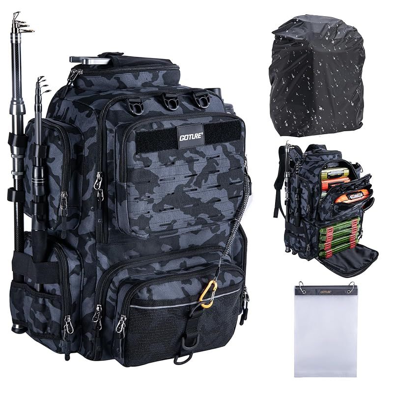 【新品】 [Goture] フィッシングリュック 釣りバッグ 45L大容量 600Dオックスフォード 撥水加工 透明厚手収納袋付き タックル収納 多機能 釣り 登山 旅行 アウトドア グレー迷彩 1