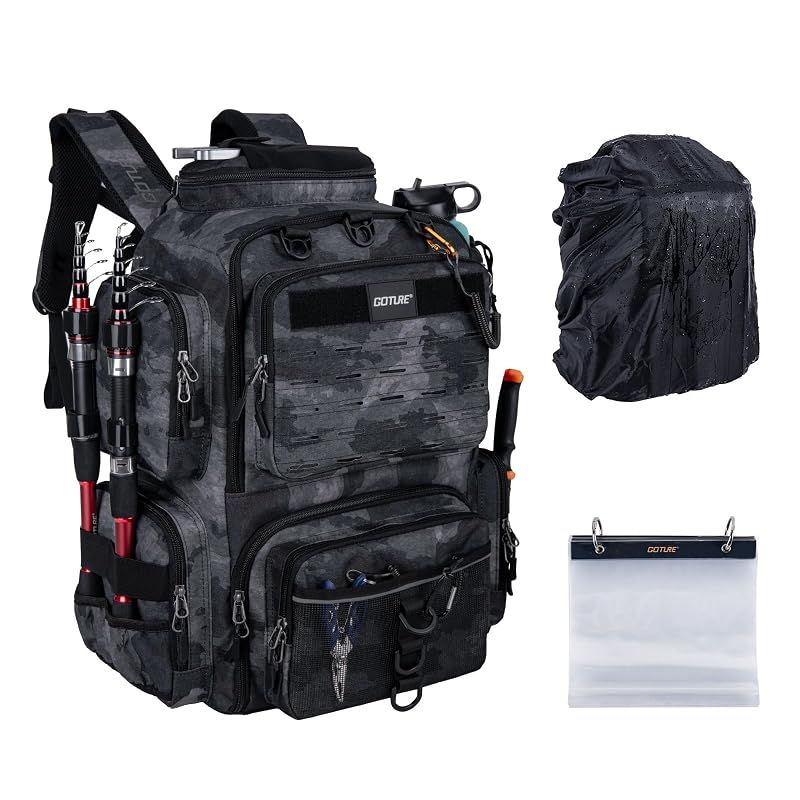 【新品】 [Goture] 900D フィッシングバッグ 釣り リュック カモフラージュ F 大容量 タックルバッグ 高密度撥水オックスフォード生地 疲れにくいパッド ソフトルアー袋収納可能 ロッドホルダー 釣竿収納 レインカバー付属 アウトドア 渓流 海 1