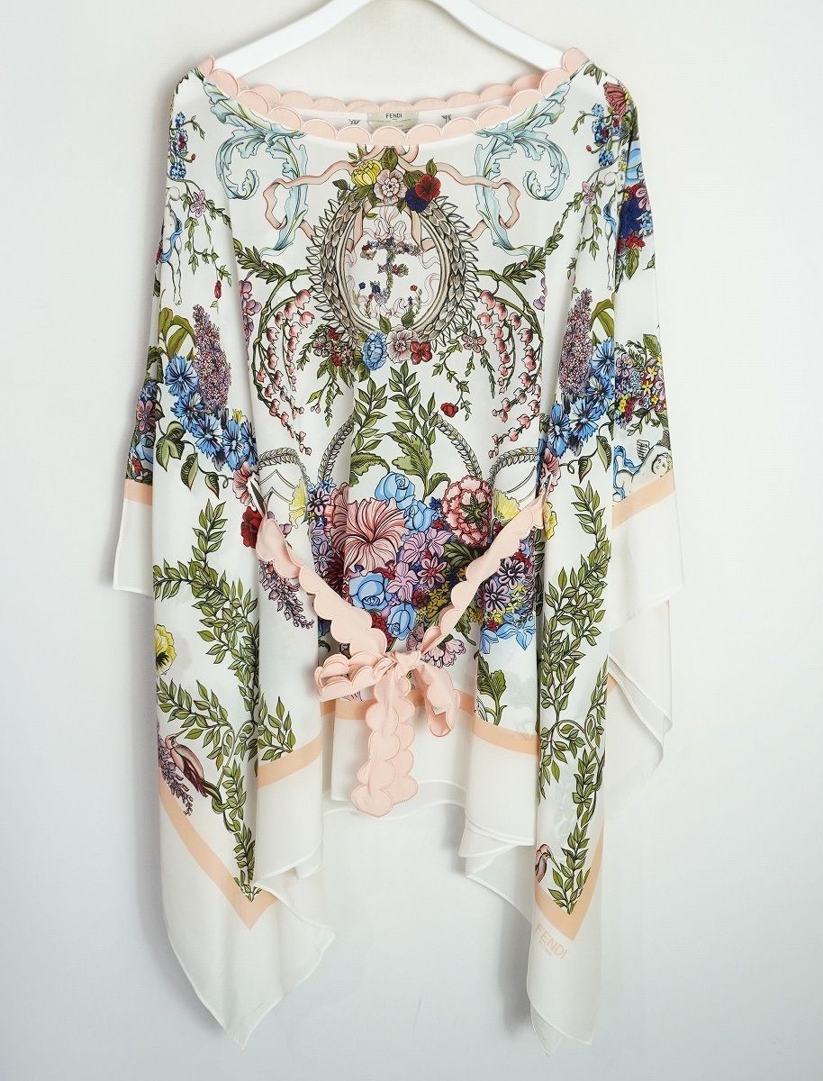 正規 美品 FENDI フェンディ SILK KAFTAN シルク スカーフ トップス ドレス ウエストリボン FXX8518Q0F0UE0 イタリア製 本物 総柄912N♪