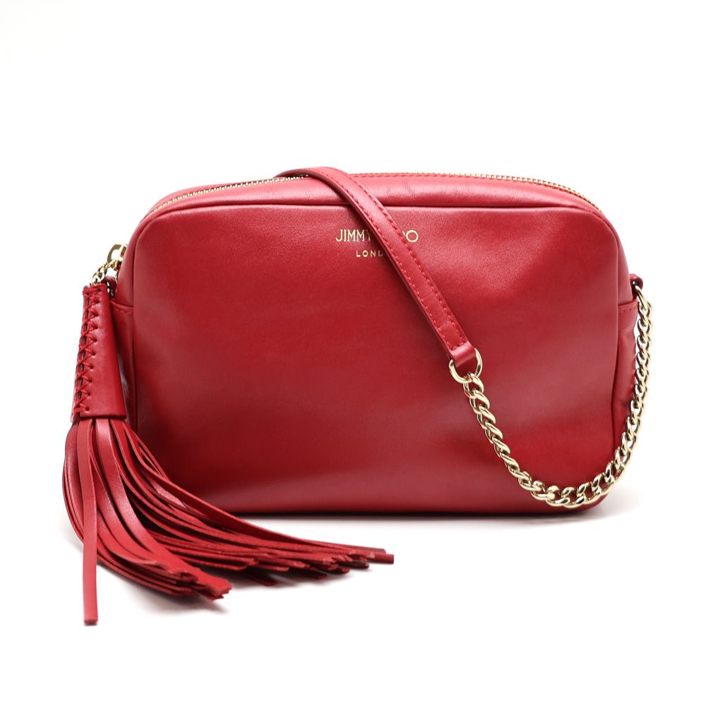 【楠本質店/元住吉】ジミーチュウ/JIMMY CHOO　アティーニ ショルダーバッグ/チェーンショルダー　レザー　レッド/ゴールド金具　タッセル/フリンジ【中古】