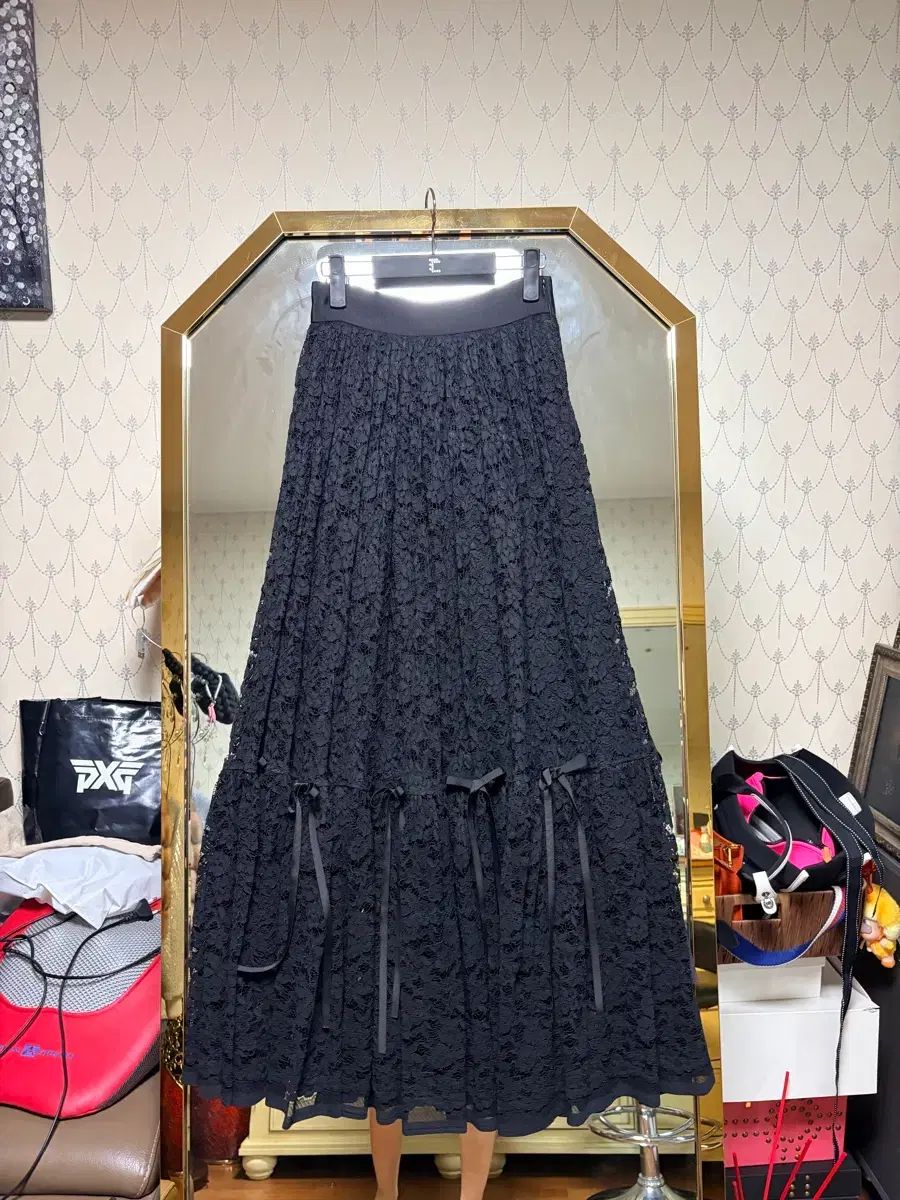 シーホリン ブラック レース リボン ロング スカート