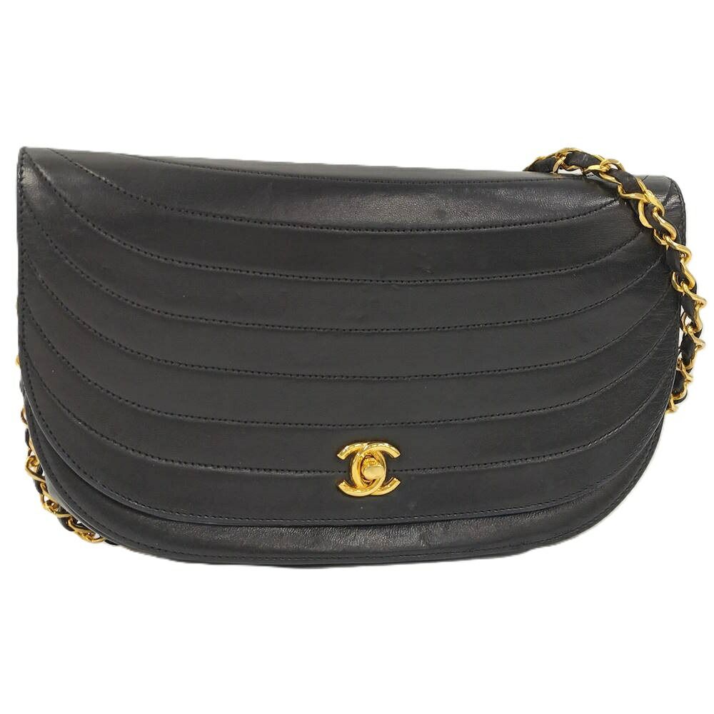 CHANEL チェーンショルダーバッグ ハーフムーン CC ラムスキン ブラック