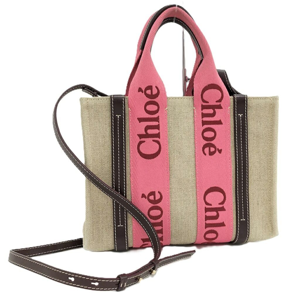 Chloe ウッディ スモール 2WAY トートバッグ キャンバス レザー ベージュ ピンク ブラウン CHC23AS397