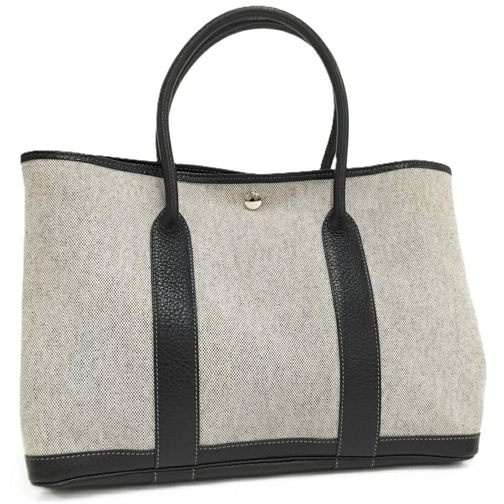 HERMES ガーデンパーティPM トートバッグ トワルアッシュ×レザー ネイビー×アイボリー系 □G刻印