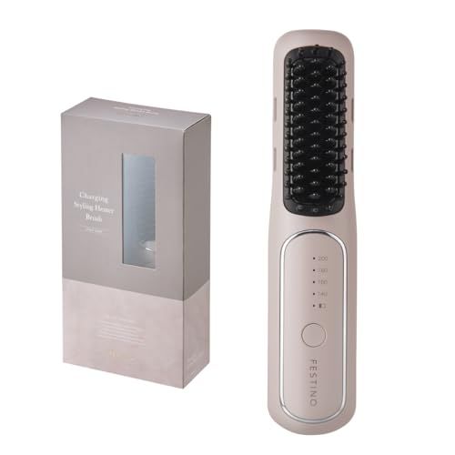 FESTINO(フェスティノ) スタイリングヒーターブラシ(SMHB-049) マイナスイオン 約140℃～約200℃ ヒートブラシ ヘアアイロン機能付き USB充電式 コードレス 時短 スタイリング ギフト（サンドベージュ）e c07abe4a
