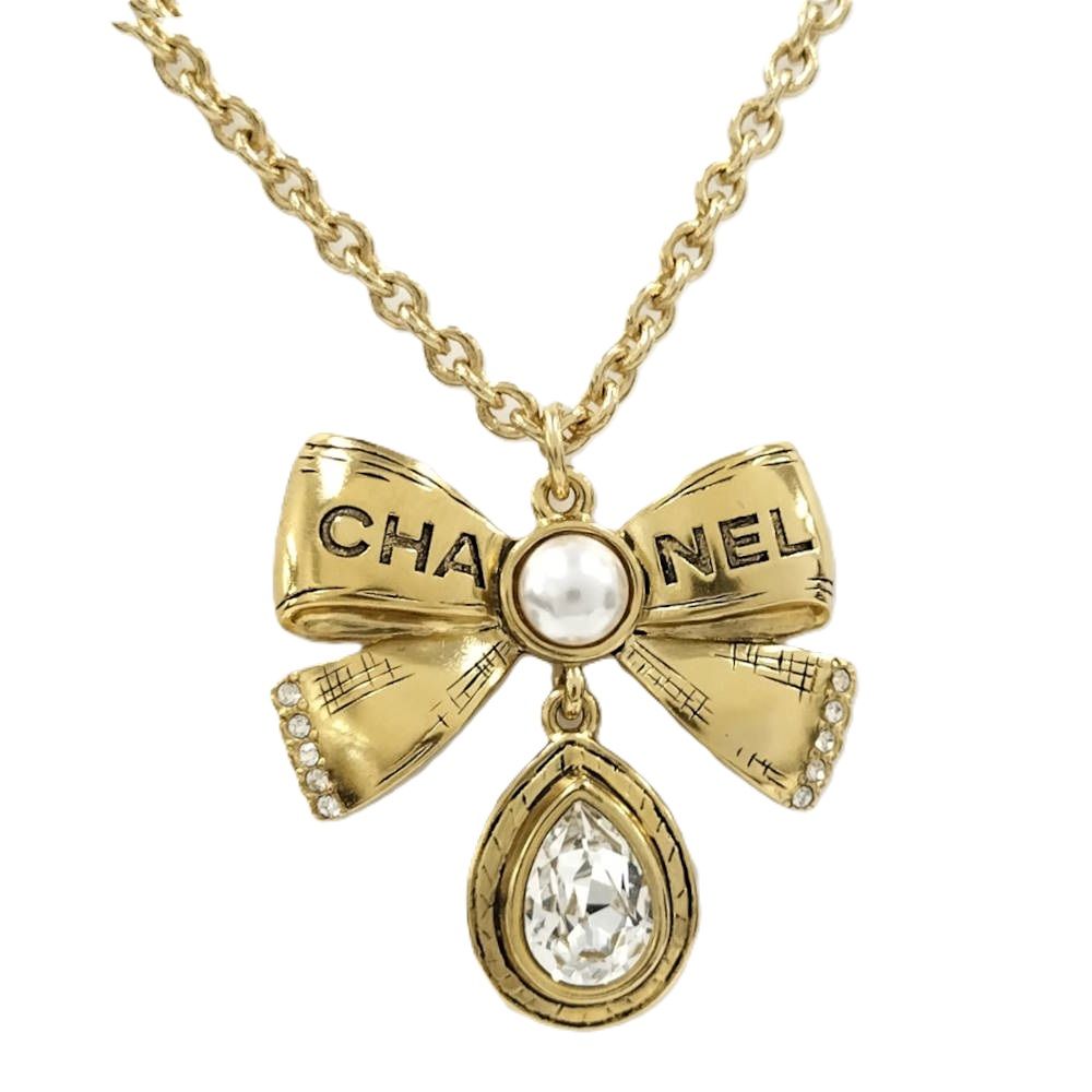CHANEL ネックレス リボン ココマーク ラインストーン メッキ ゴールド L25K