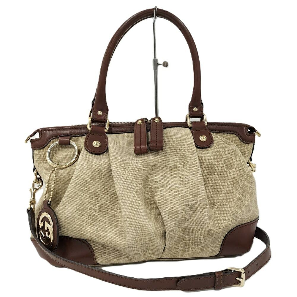 GUCCI ２WAYバッグ GGキャンバス キャンバス×レザー ベージュ×ブラウン