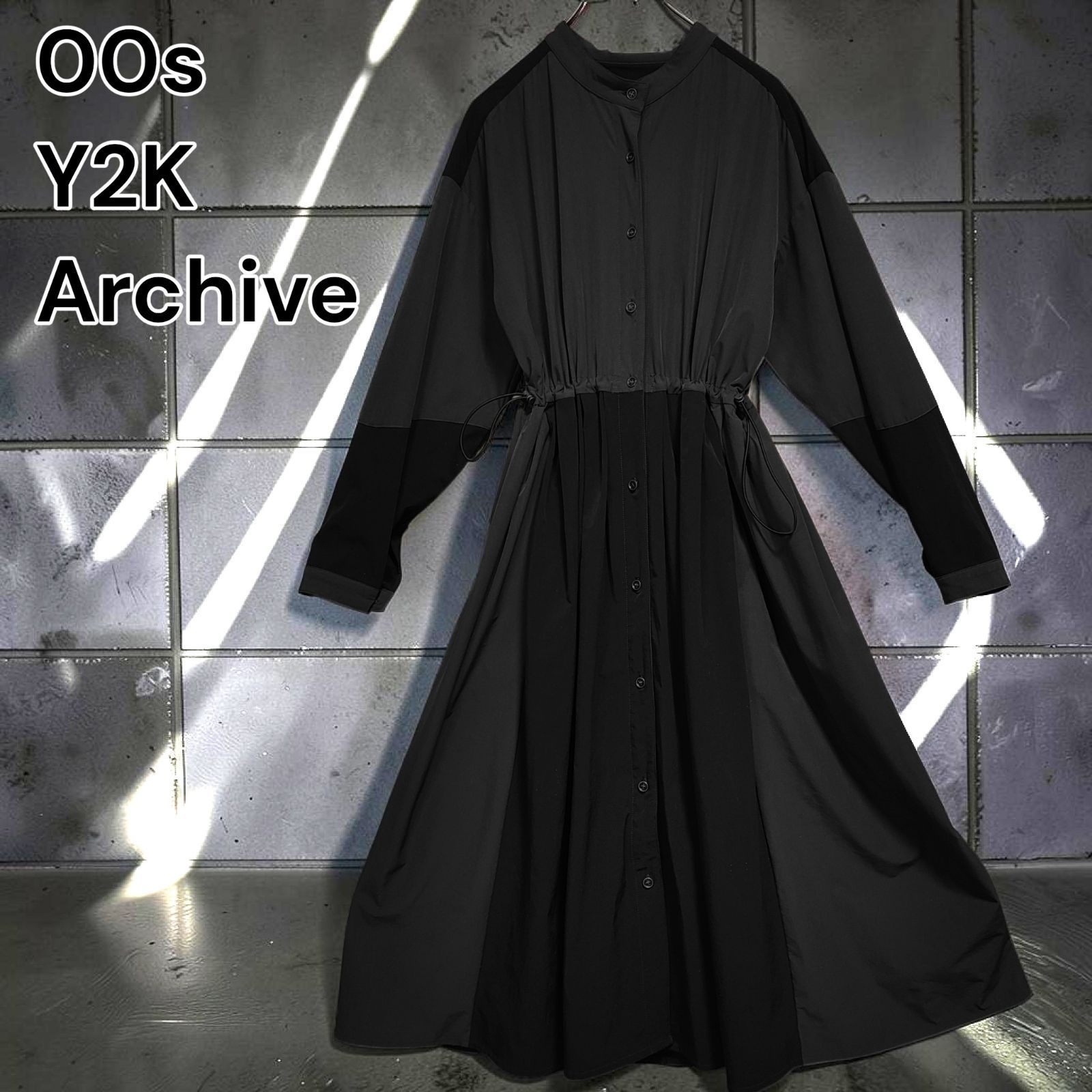 00s AS KNOW AS Y2K Archive テック系 ギミック ロング ワンピース シャツドレス マキシ丈 変形 ウエスト ドローコード 切替 ナイロン サイバー グラフィック モード ドメブラ Tech Gorpcore Mサイズ相当