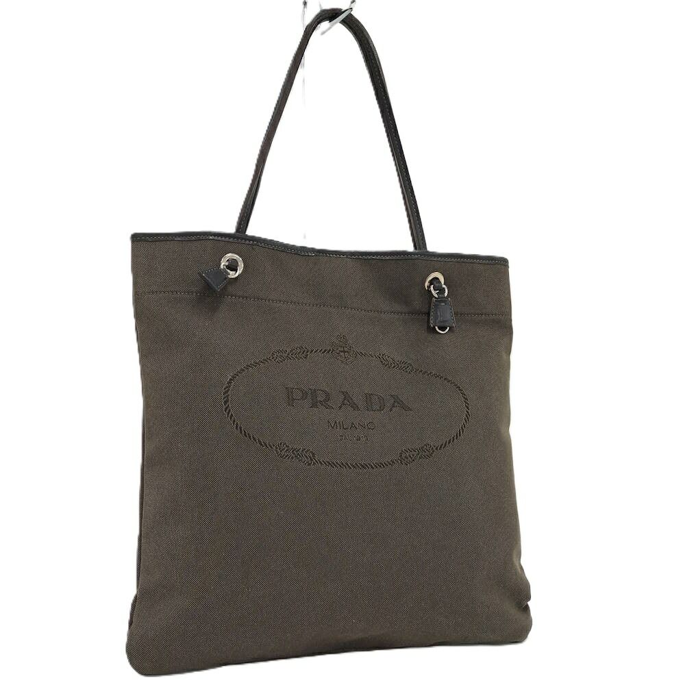 PRADA ロゴトート トートバッグ レザー×キャンバス ブラック系