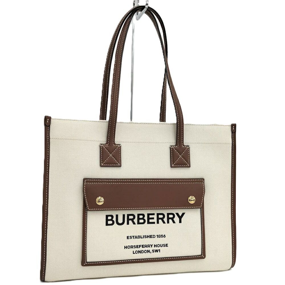 BURBERRY ミディアム・フレアトート トートバッグ キャンバス×レザー アイボリー×ブラウン