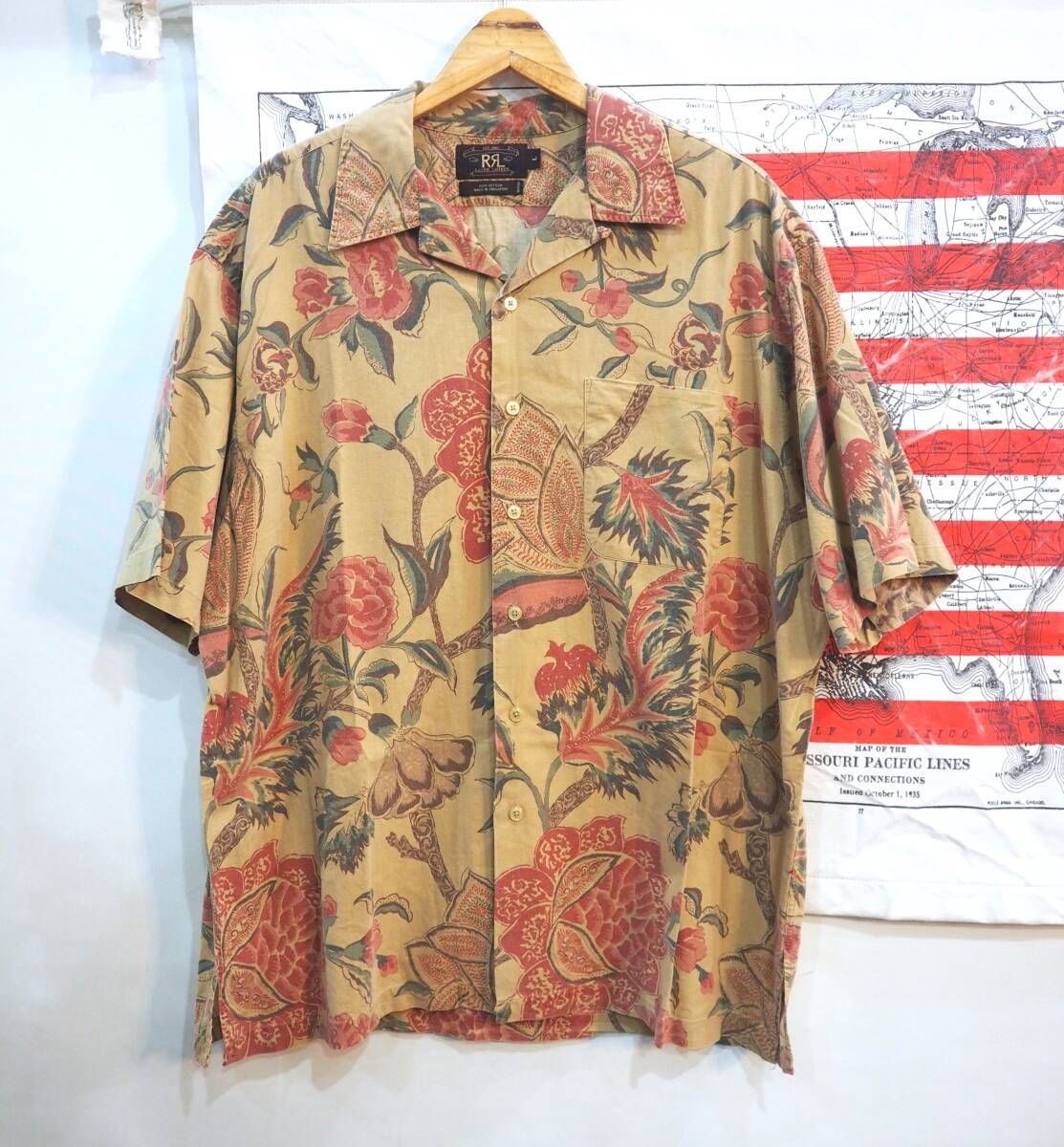 ◆RRL ラルフローレン ヴィンテージ加工 コットン アロハシャツ オープンカラー 開襟（L）◆