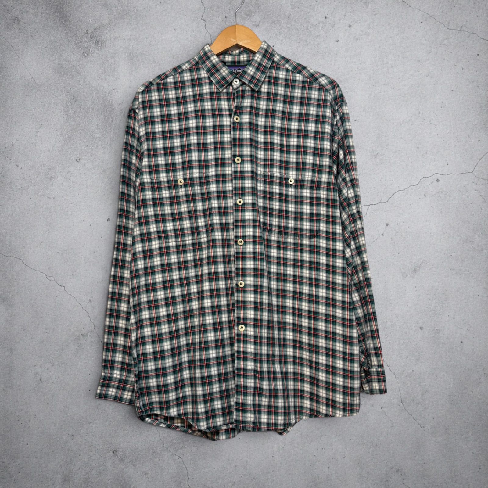 ポルトガル製 F91 90s Patagonia Check L/S Shirt M 緑 赤 白 パタゴニア チェックシャツ 長袖シャツ 古着