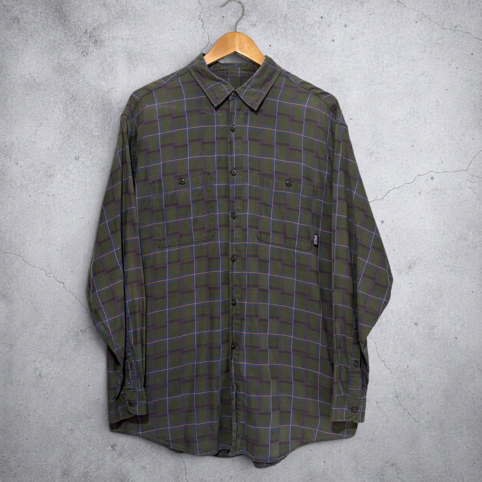 ポルトガル製 90s Patagonia Check L/S Shirt L 深緑 紫 パタゴニア チェックシャツ 長袖シャツ 古着