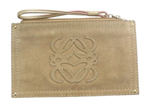 ロエベ LOEWE ポーチ スウェードレザー アナグラム ベージュ系 ラメ