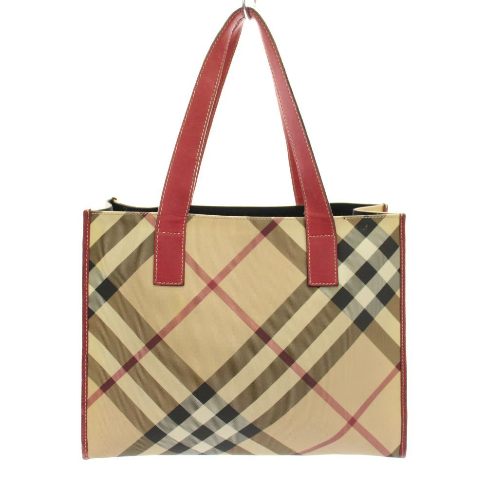 バーバリー ロンドン BURBERRY LONDON トートバッグ ハンドバッグ PVCレザー チェック柄 ベージュ 赤 レッド /YT