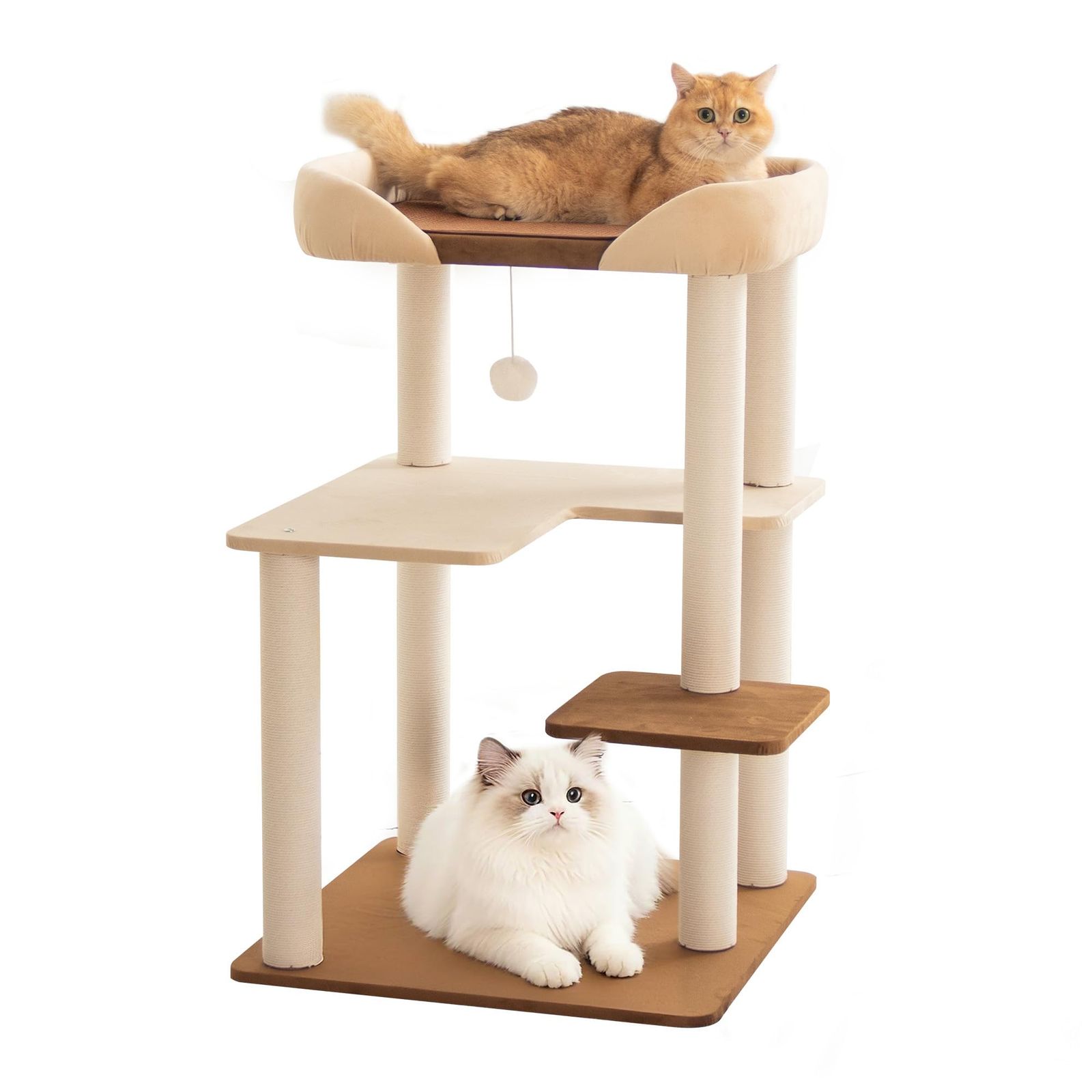 LULUCAT キャットタワー 据え置き おしゃれ クッション入りベッド 巨大土台 多頭飼い コンパクト シニア猫 冬夏兼用 夏用ござ付き 大型猫 安定感 低め 転倒防止デザイン 展望台 猫ベッド 運動不足解消 省スペース スリム 爪とぎポール コットン紐 1