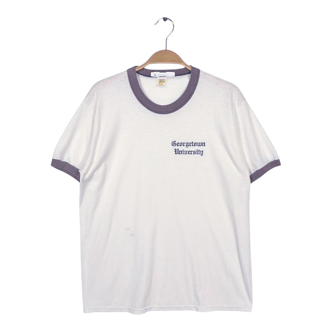80s ジョージタウン大学 USA製 リンガーTシャツ ヴィンテージ Tシャツ オールドイングリッシュ書体 カレッジ ベルバシーン VELVA SHEEN サイズM相当 BZ0619