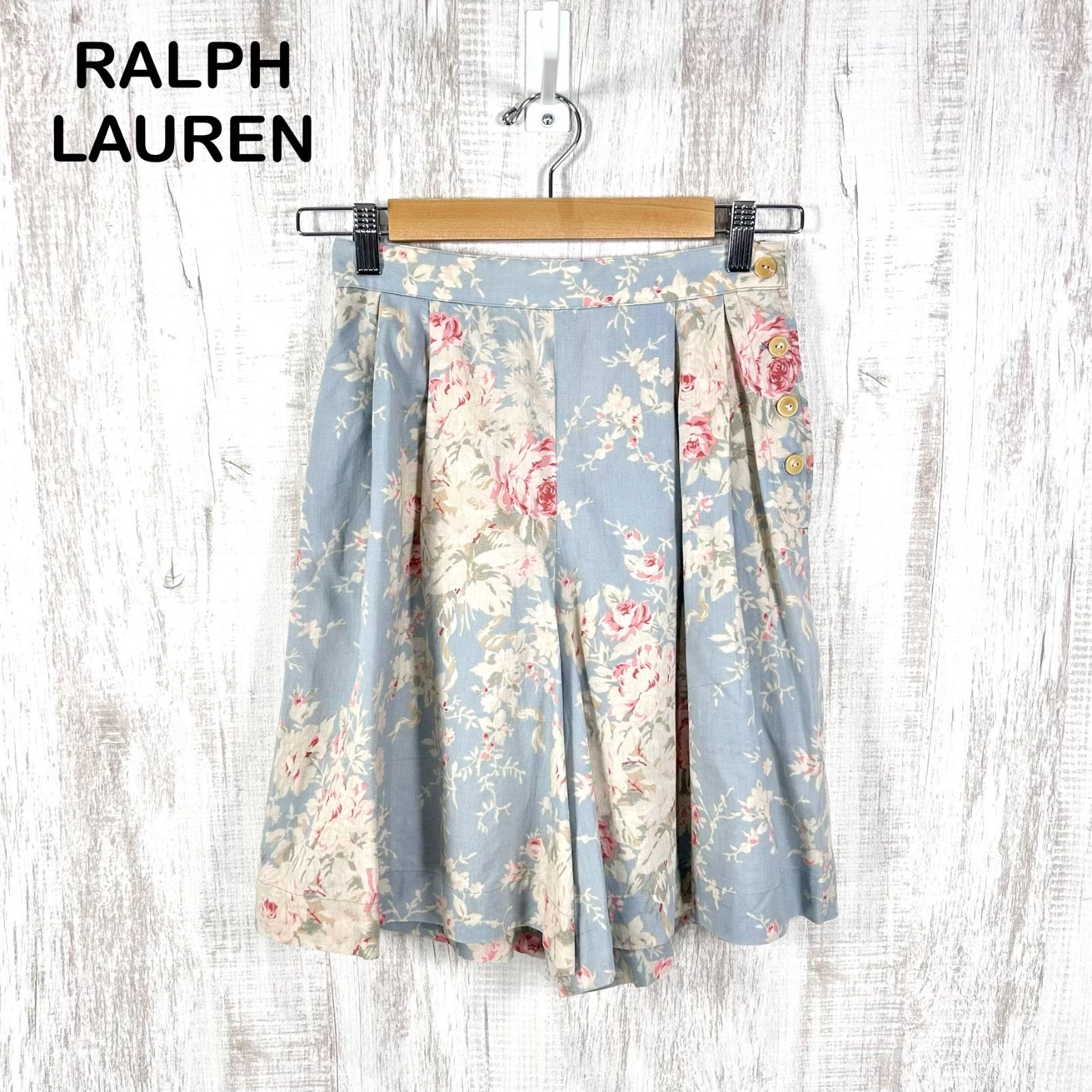 古着 90s Ralph Lauren COUNTRY ラルフローレンカントリー 花柄 リネン タック キュロットパンツ ブルー