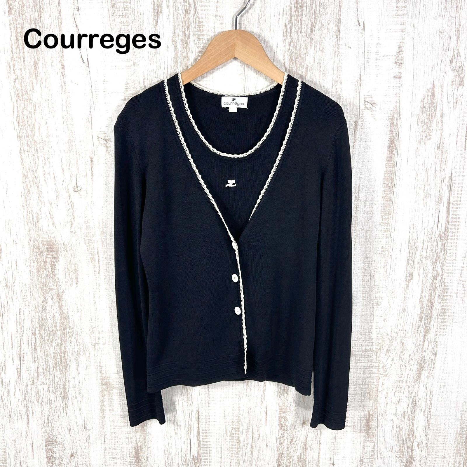 Courreges クレージュ ACロゴ刺繡 ノースリーブニット カーディガン アンサンブル ブラック