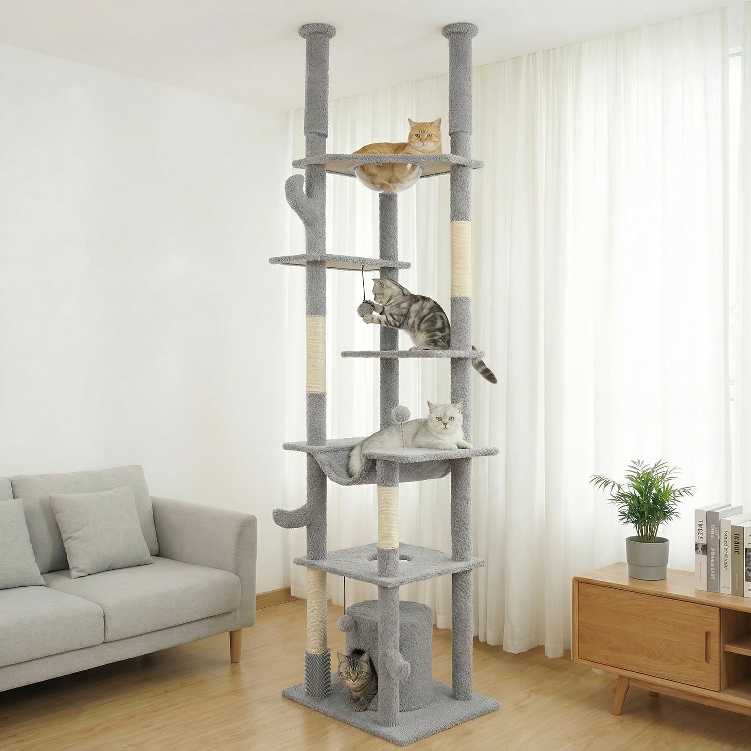 Footstep キャットタワー 猫タワー 突っ張り スリム 省スペース 据え置きタイプ 大型猫対応 多頭飼い 極太支柱 麻紐爪とぎ 宇宙船ハンモック付き ねこハウス ボンボン 組み立て簡単 据え置きタイプ 運動不足解消 高さ調整可能 235 7466b392