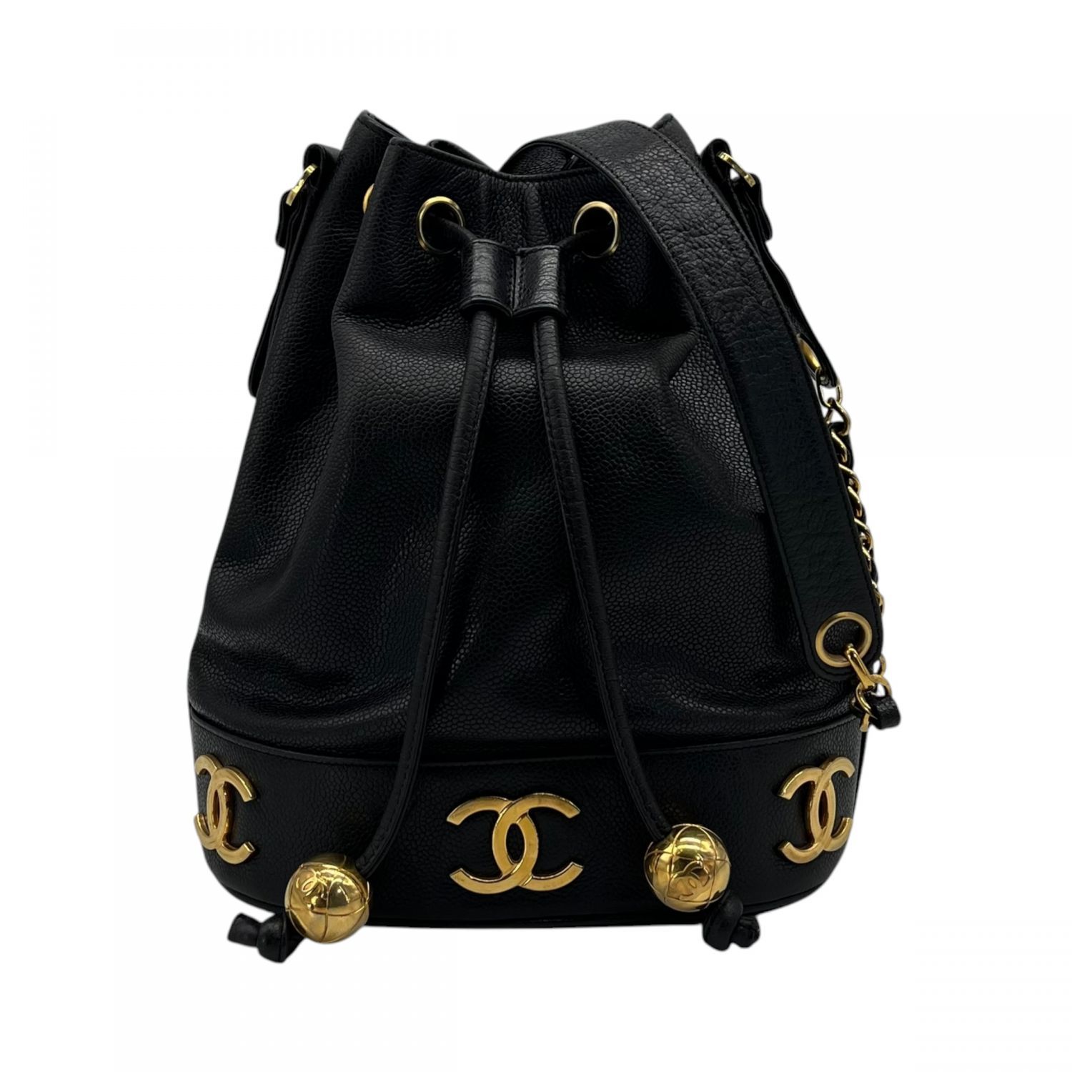 【中古】 CHANEL シャネル トリプココマーク 巾着バッグ チェーンショルダーバッグ 2番台 キャビアスキンゴールド金具 ブラックレディース23040405 SA