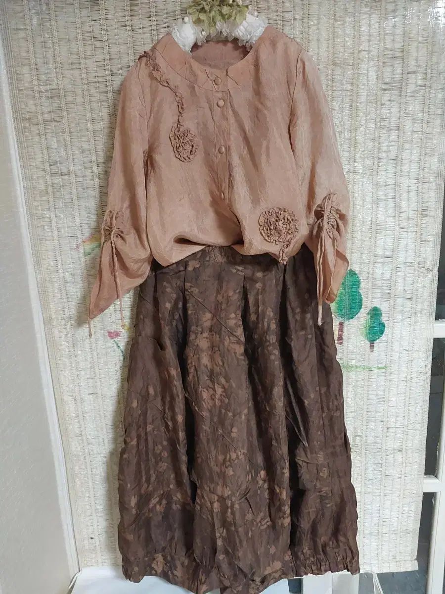 レーヨン ベージュ 花柄 ブラウス スカート セット