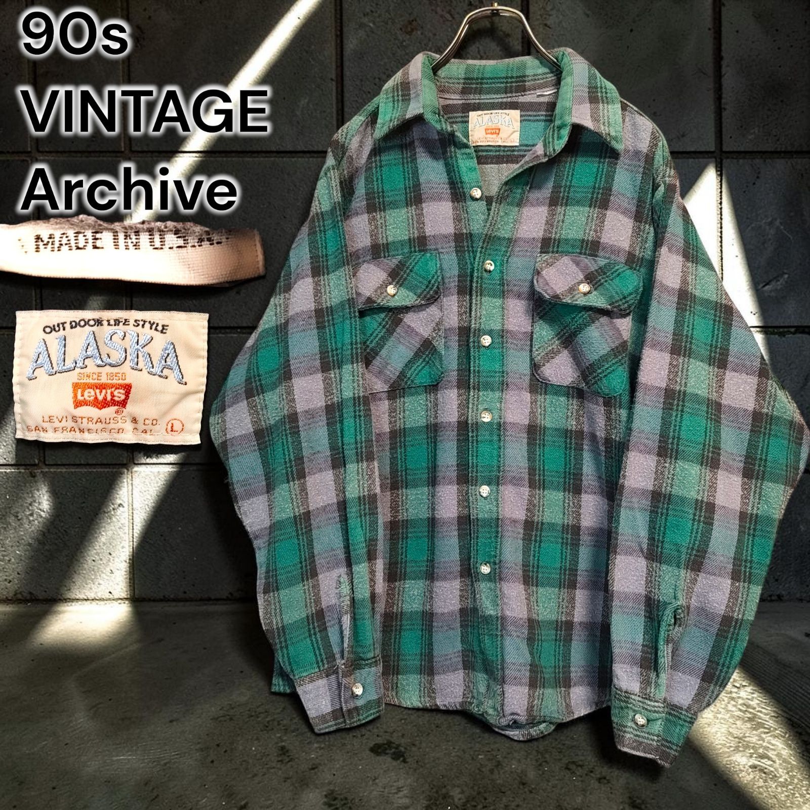 90s LEVIS VINTAGE Archive USA Plaid リーバイス アラスカ ネルシャツ チェック グリーン グレー ヘビーネル 米国製 アメリカ製 ビンテージ ヴィンテージ アメカジ ワーク グランジ カートコバーン 古着 Lサイズ