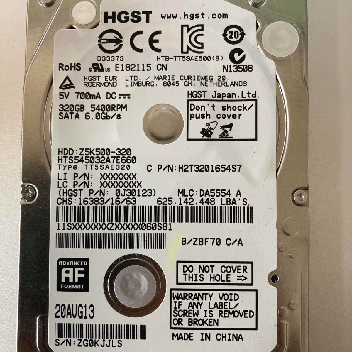 HDD/320GB*2個set/日立/HGST/2.5inch/HTS545032A7E380/SATA/⑯