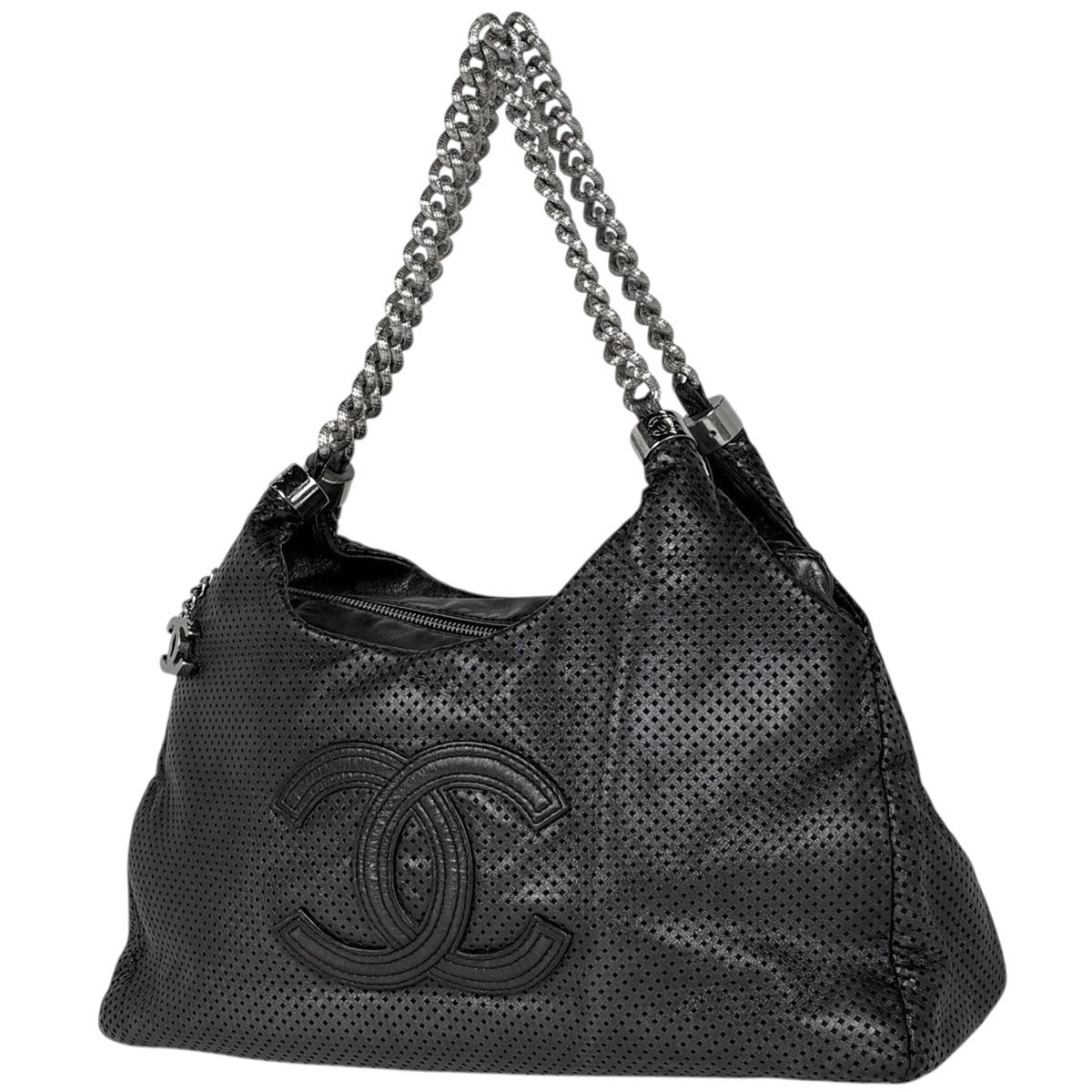 シャネル CHANEL ココマーク チェーン ショルダーバッグ パンチング レザー ブラック レディース 【中古】