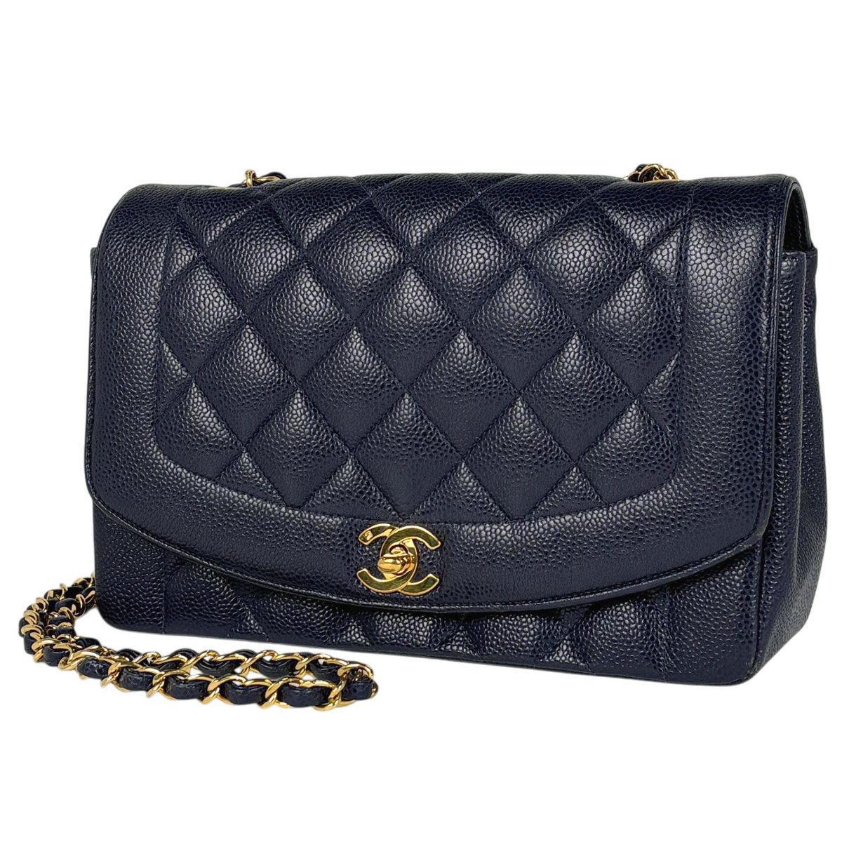 シャネル CHANEL ダイアナ マトラッセ シングルフラップ チェーン ショルダーバッグ ココマーク キャビアスキン ネイビー A01165 レディース 【中古】