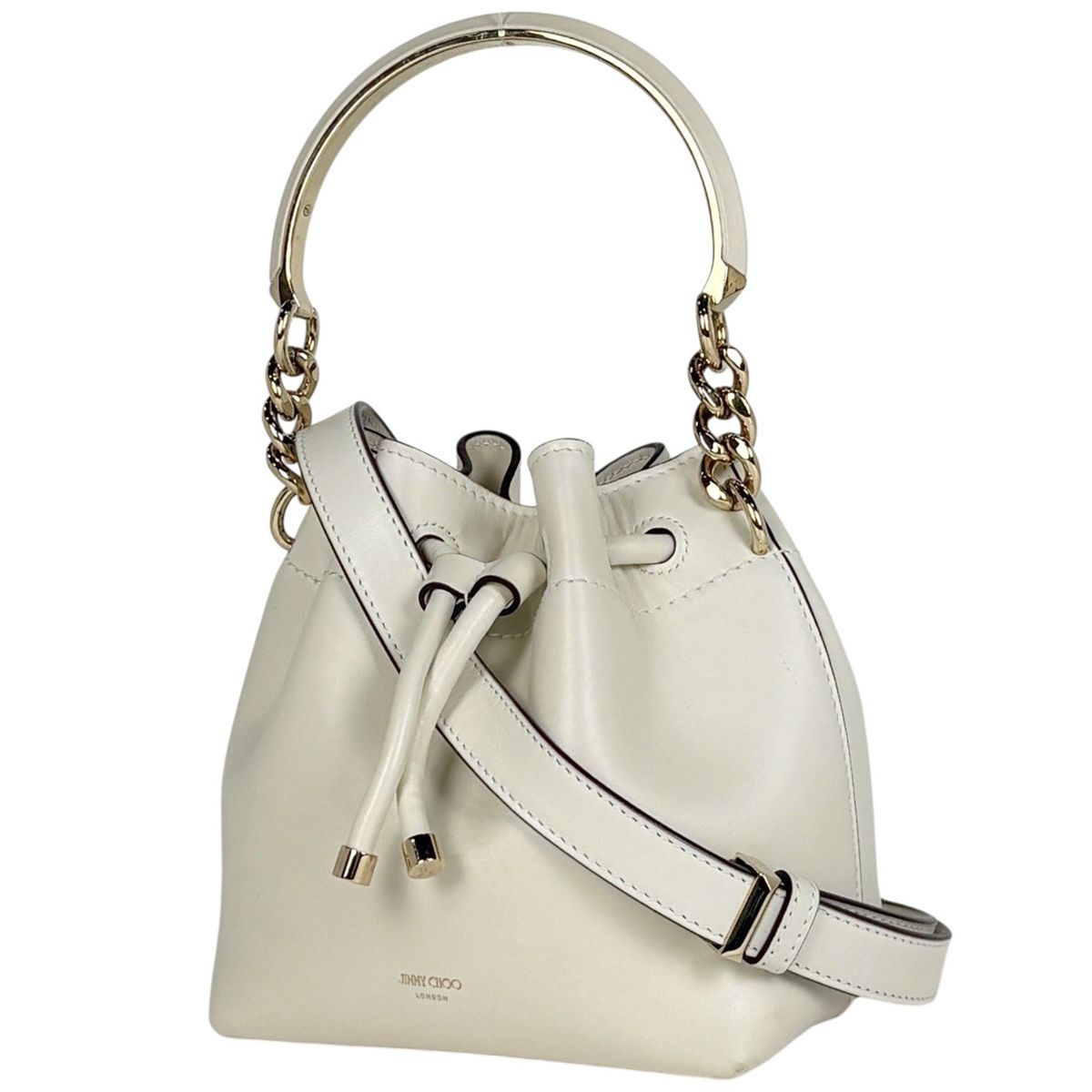 ジミーチュウ JIMMY CHOO ロゴ ハンドバッグ 2WAY 巾着型 レザー ホワイト レディース 【中古】