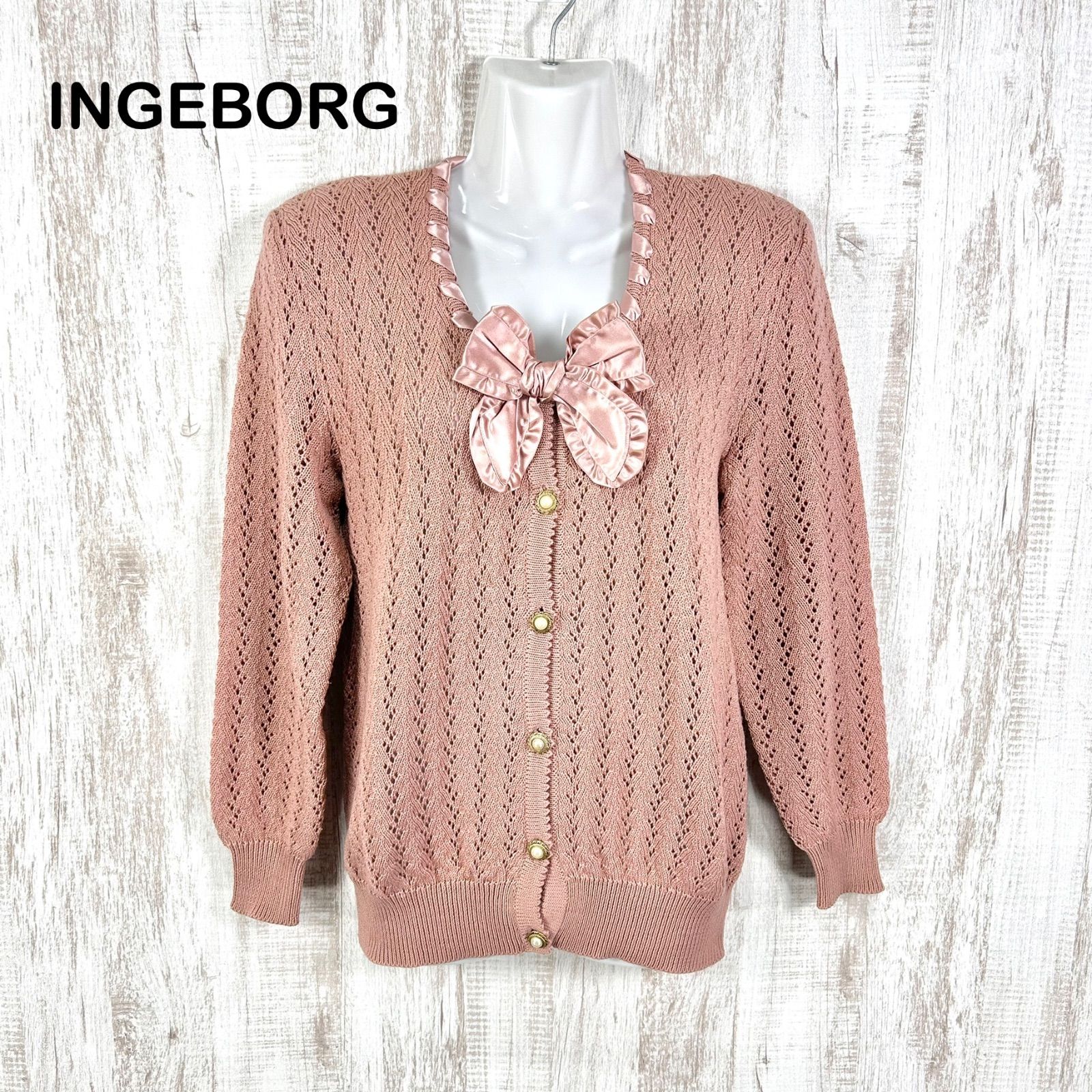 INGEBORG インゲボルグ リボン パールボタン ウール カーディガン ピンク