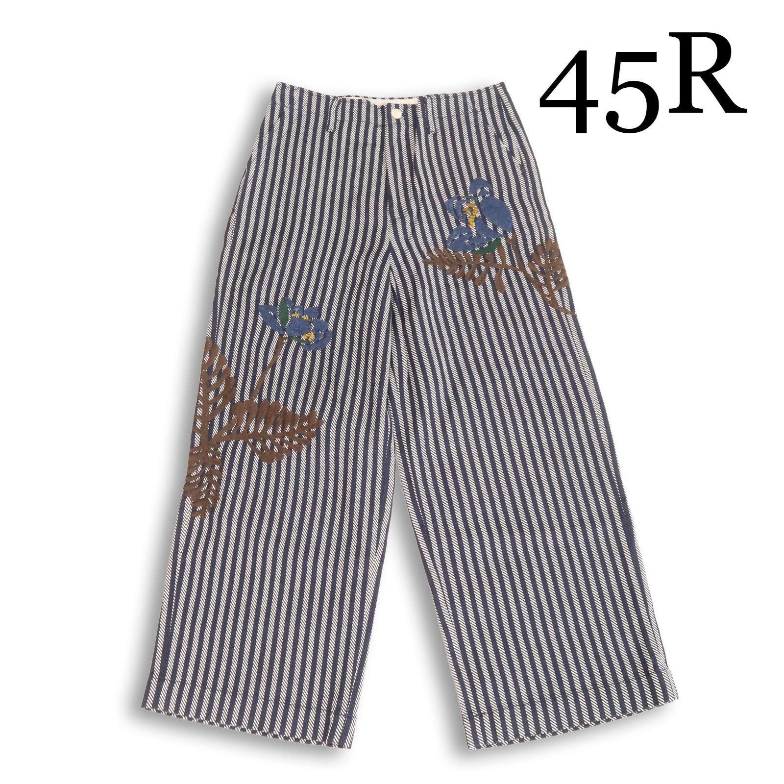 【新品 未使用】 45R 45rpm フォーティーファイブ 通年★ カルゼ ヒッコリー プルメリア刺繍 パンツ 日本製 Sz.3 レディース