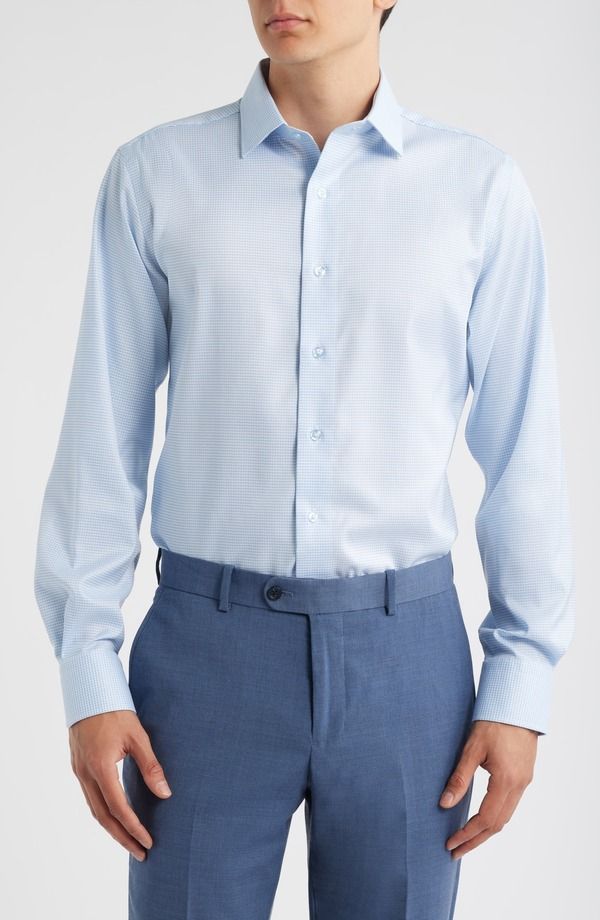 ロレンゾウオモ メンズ トップス シャツ コットン Lorenzo Uomo Trim Fit Houndstooth Check Stretch Cotton Dresshirt Light Blu