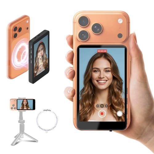 SYNCO XView スマホ用自撮りモニター iPhone 17/Android対応 操作簡単 4インチ大画面 内蔵スピーカー 音量/明るさ調整 ミラーリング/回転可能 50メートル使用範囲 外カメラ自撮りモニター Vlog/ライブ配信/TikTok/YJu