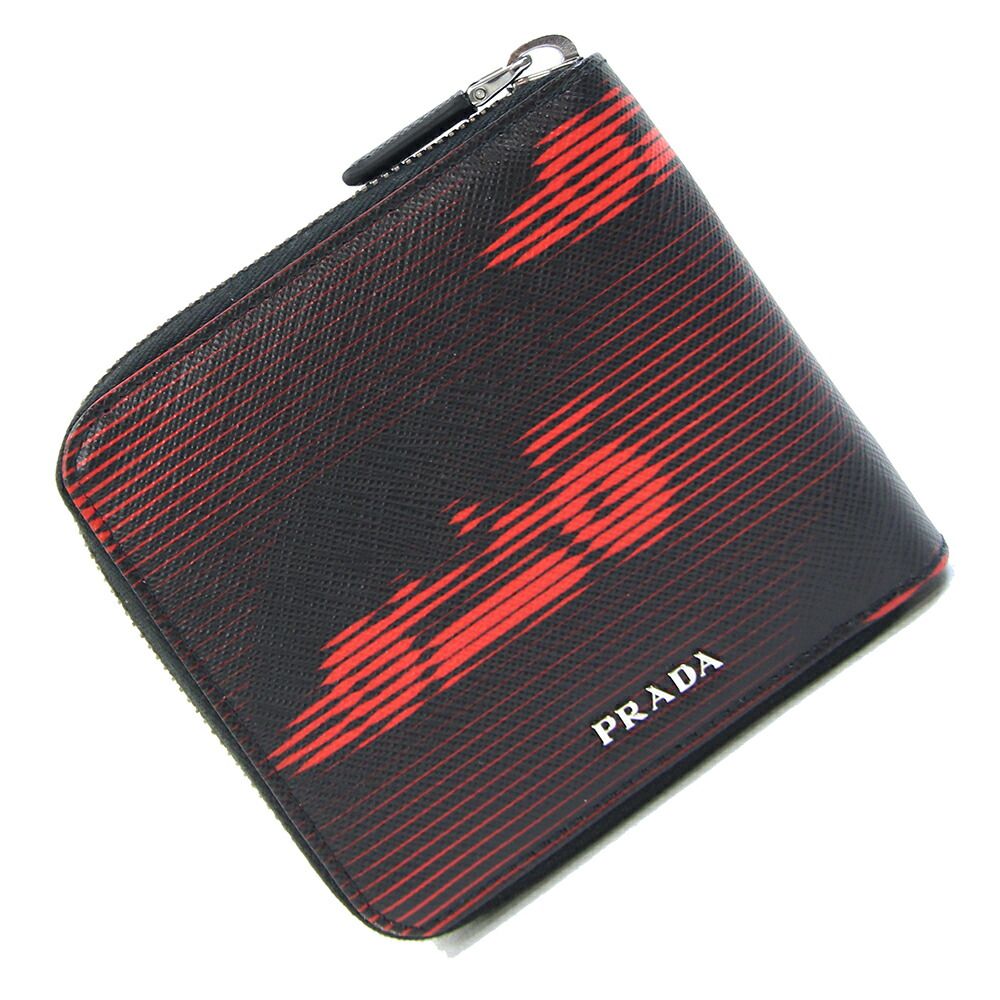 プラダ ラウンドファスナー財布 ブラック レッド レザー