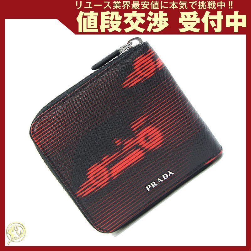 プラダ ラウンドファスナー財布 ブラック レッド レザー