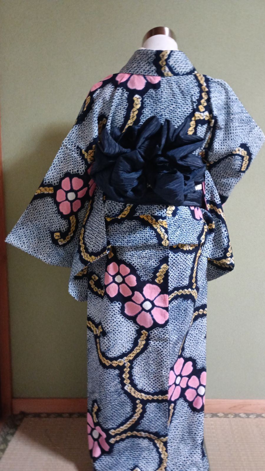 高級浴衣 有松鳴海絞り 総絞り 藍色 ピンク 木綿 夏着物 絞りゆかた