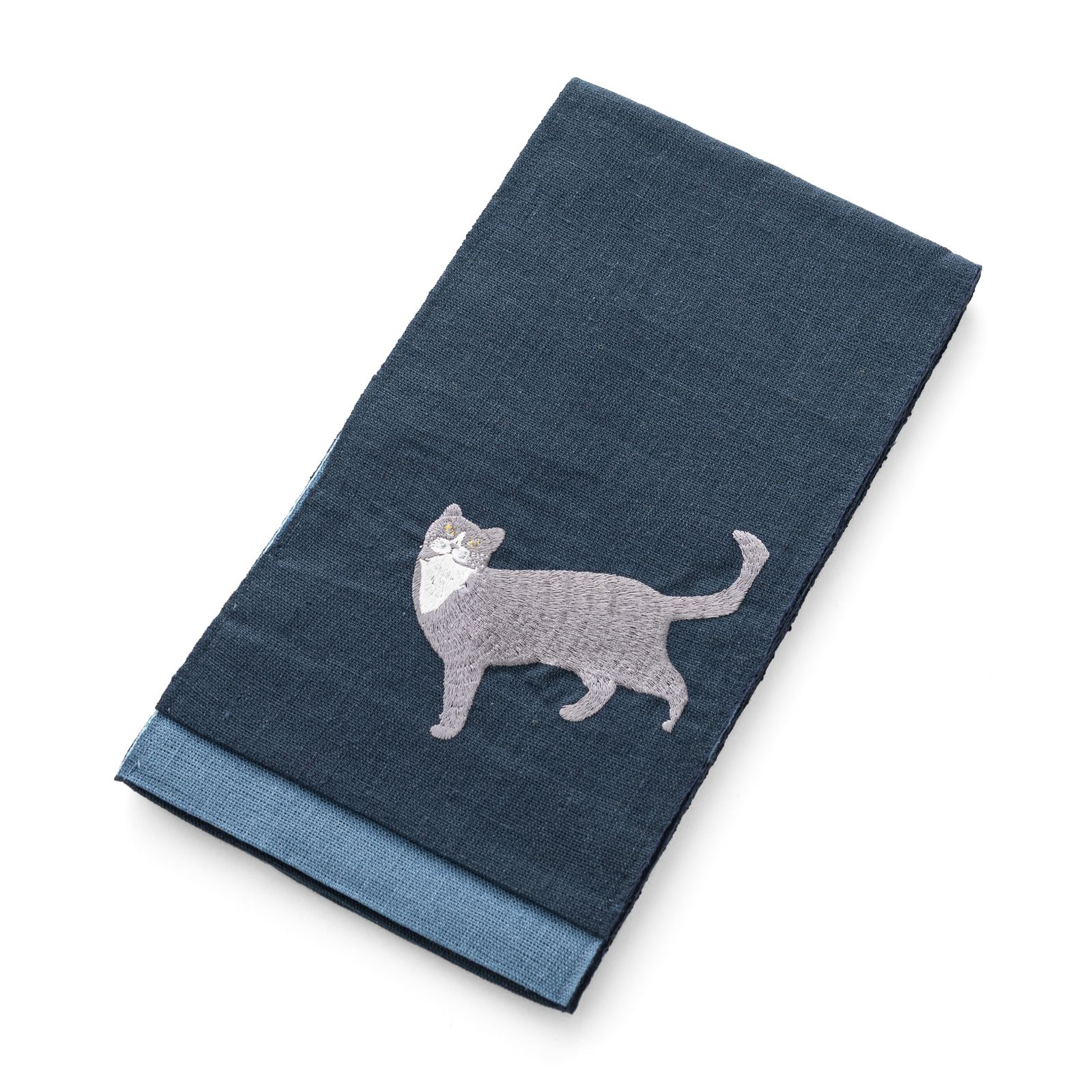 新品　半幅帯　麻　猫の刺繍　紺