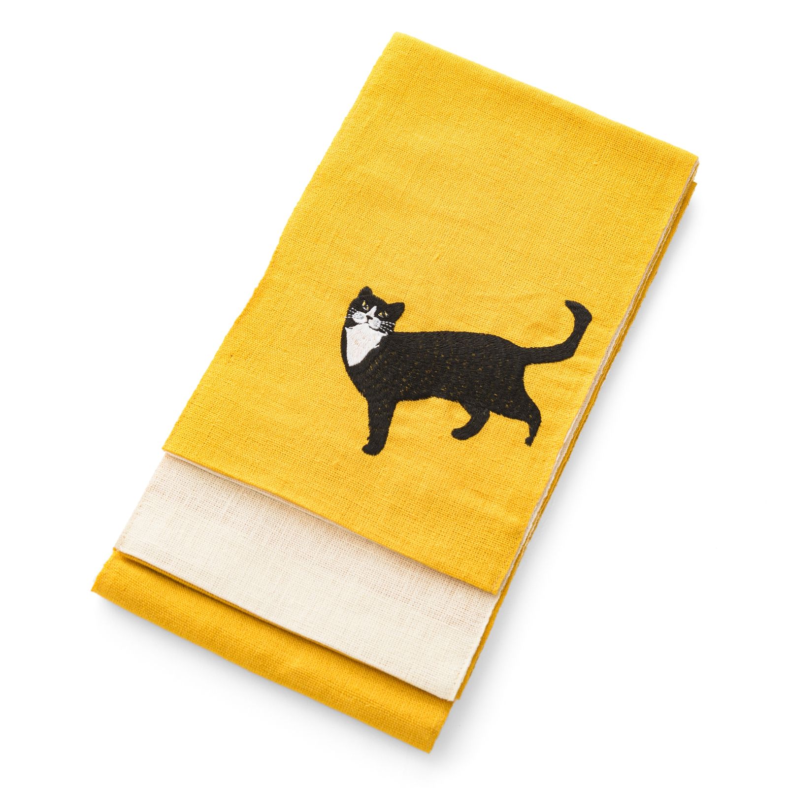 新品　半幅帯　麻　猫の刺繍　黄