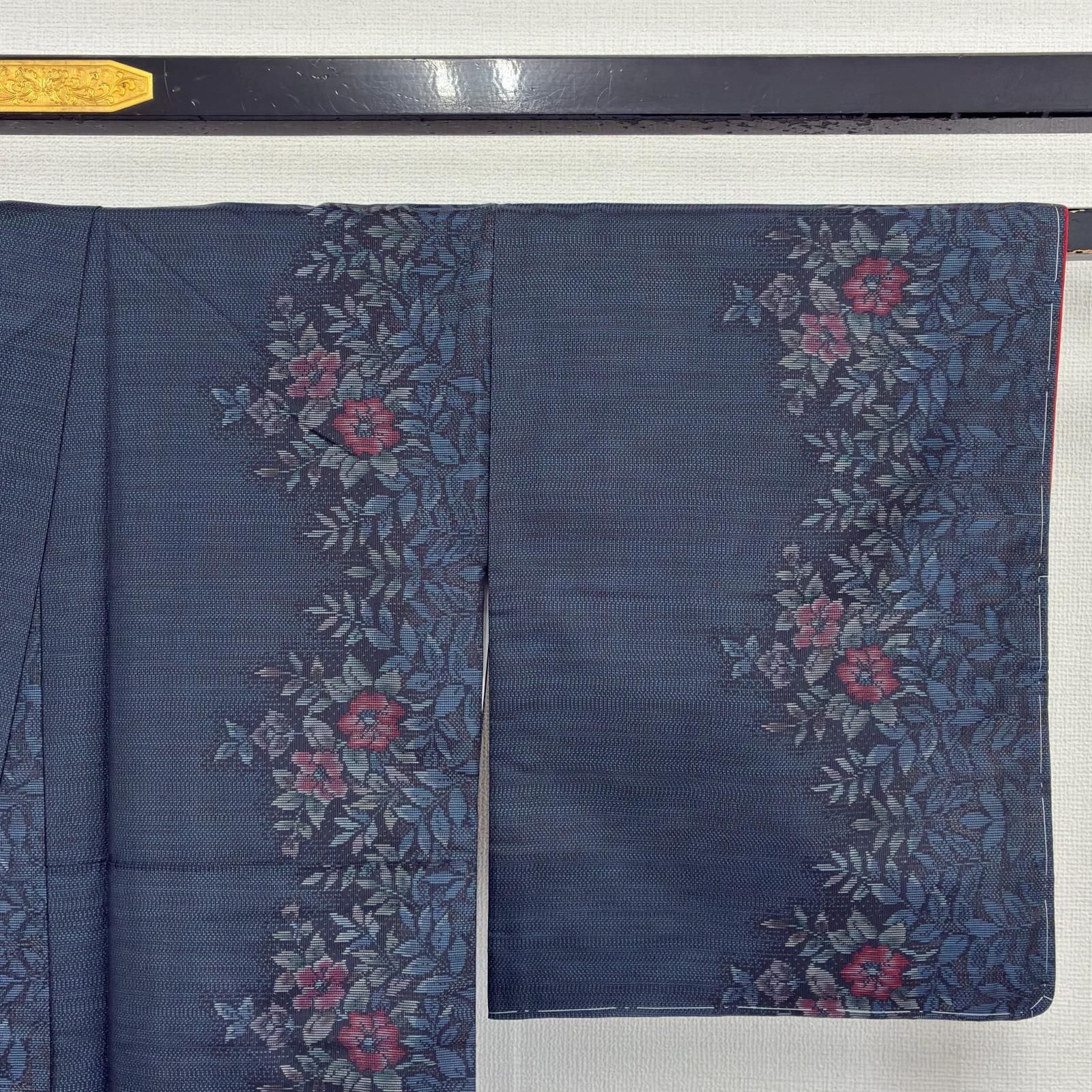 本場大島紬 正絹 泥藍染め 横双 やまとお誂え 素敵な花草絣 袷 着物 a